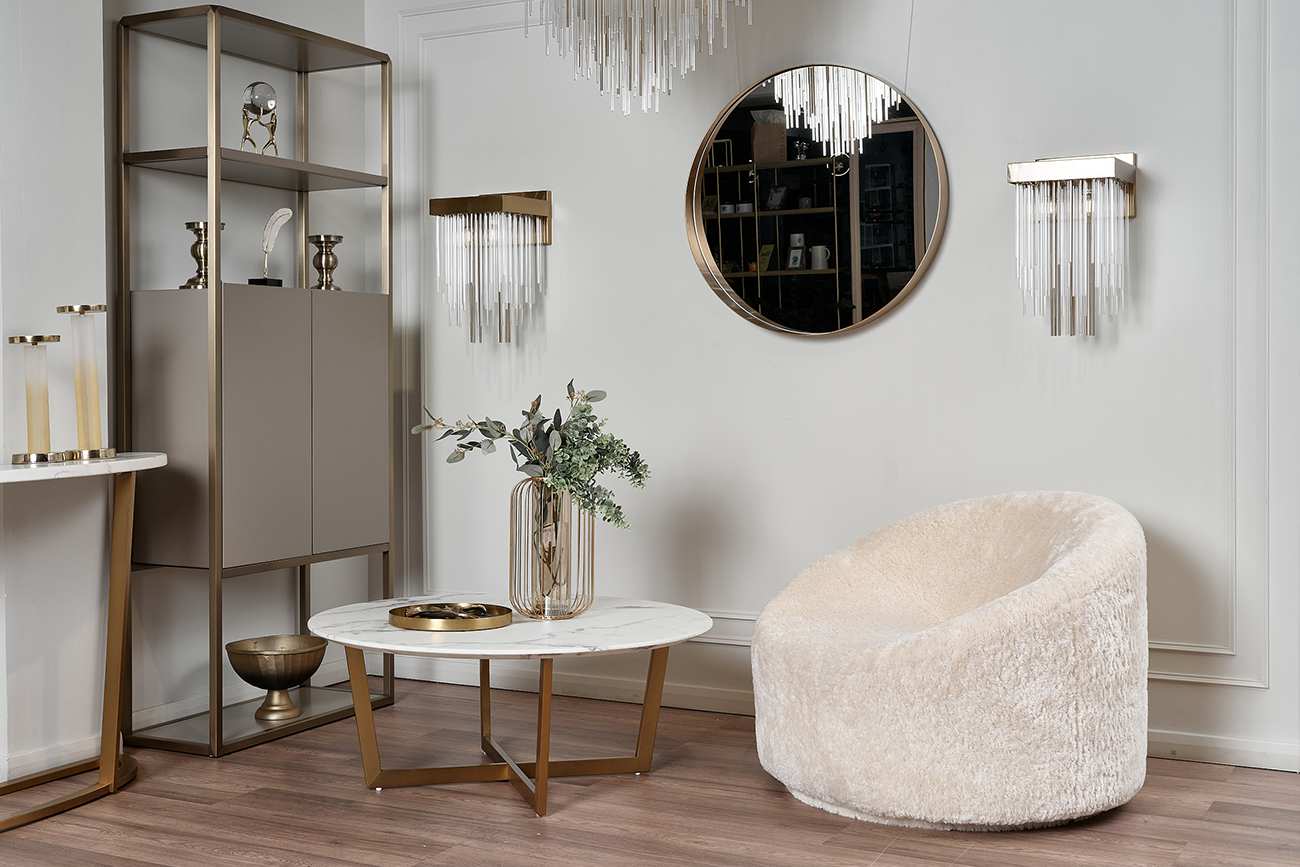 Стол журнальный Жемчужно-Белый (Pearl White) круглый белый/золото 9