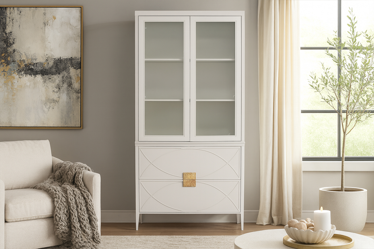 Шкаф-витрина с 2-мя стеклянными фасадами с комодом бежевый 7