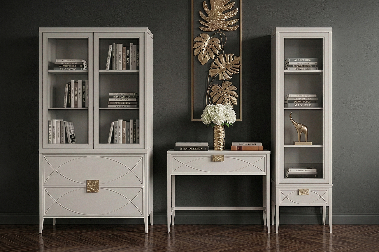 Шкаф-витрина со стеклянным фасадом с тумбочкой прикроватной бежевый 14