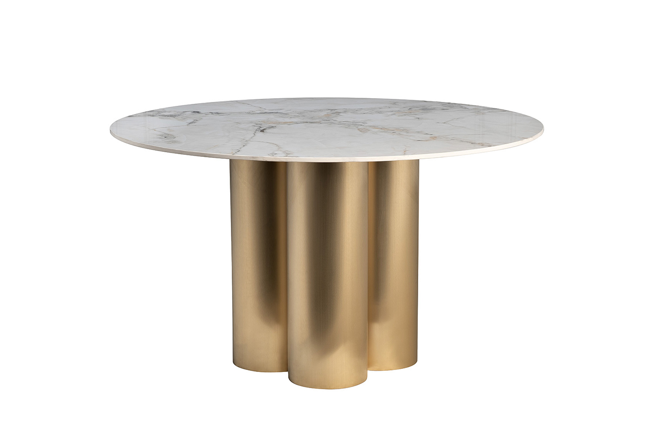 Стол обеденный круглый керамогранит белый/матовое золото 1