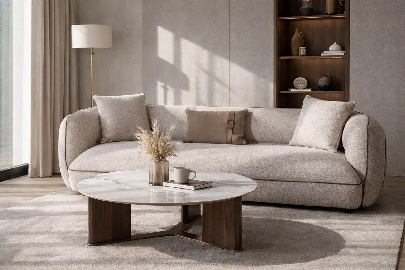 Диван Амели (Amelia) трехместный букле светлый с бежевым кантом 11