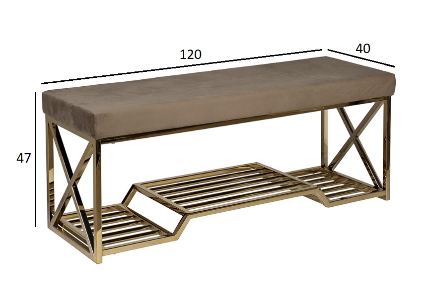 Банкетка велюровая серо-бежевая/золото 7