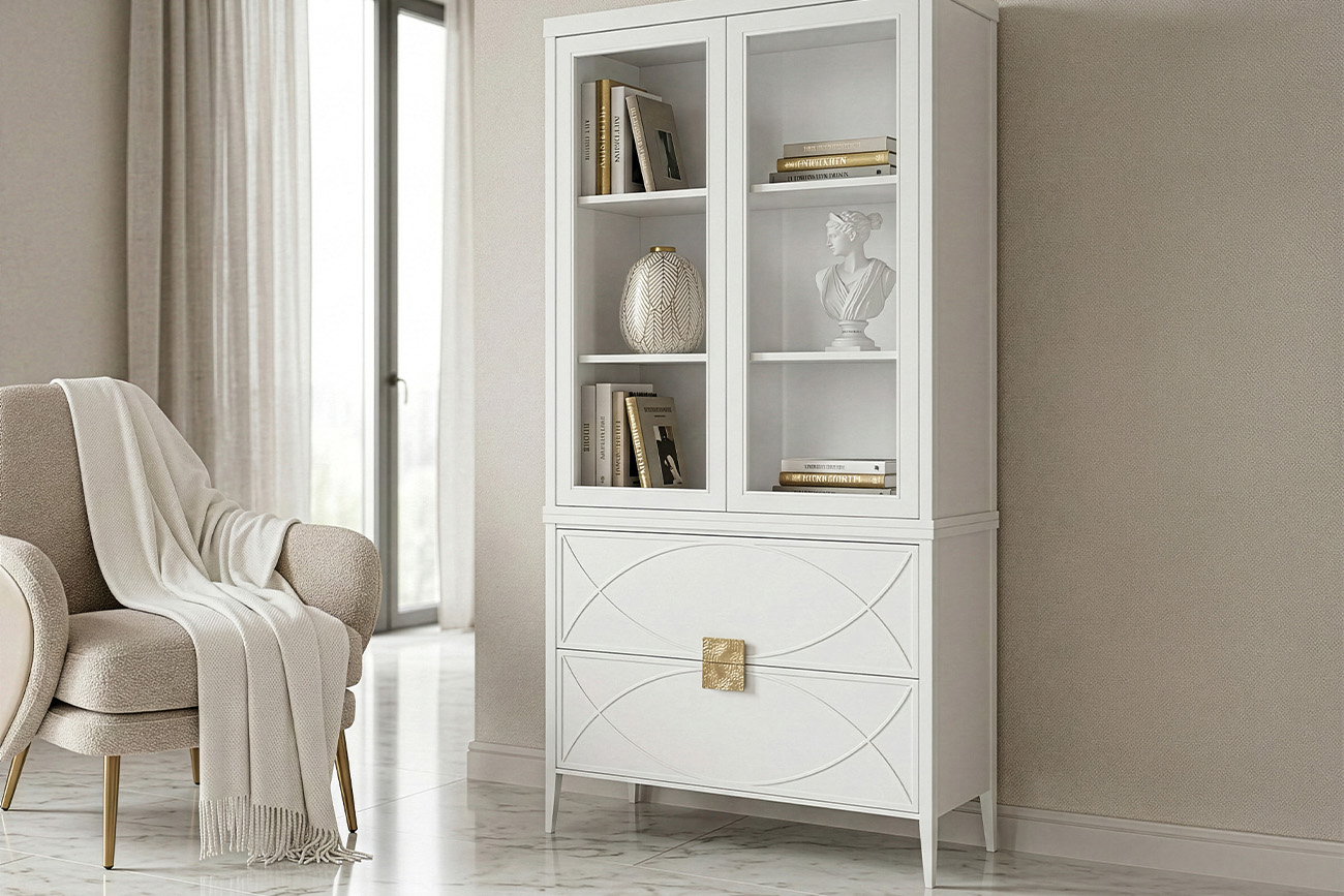 Шкаф-витрина с 2-мя стеклянными фасадами с комодом бежевый 8