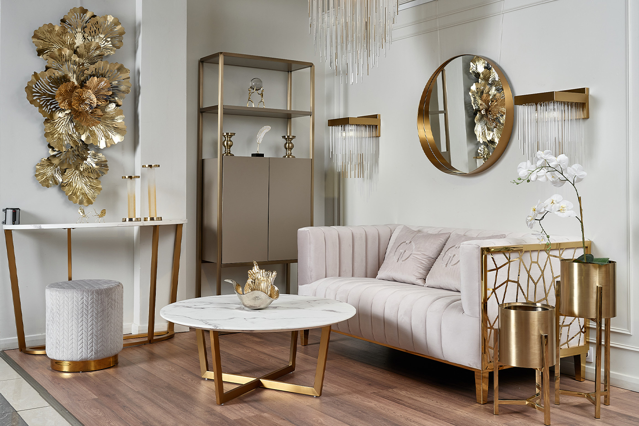 Стол журнальный Pearl White круглый белый/золото 7