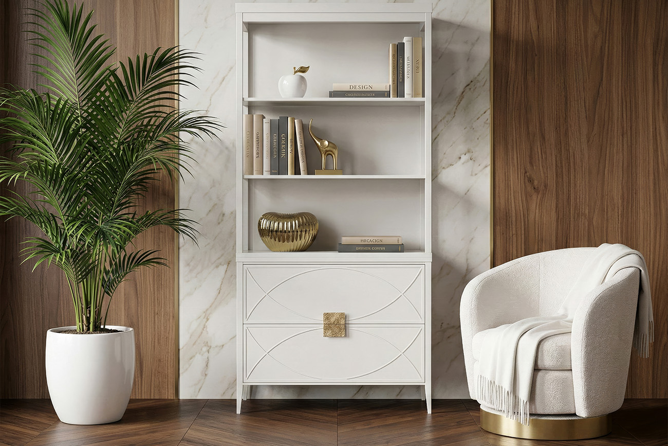 Шкаф-витрина открытый с комодом бежевый 6