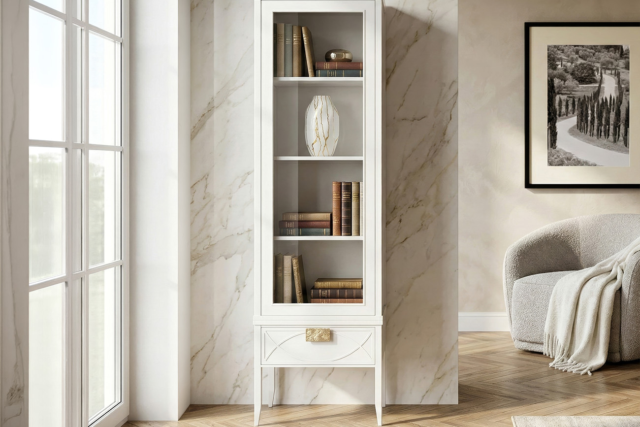 Шкаф-витрина со стеклянным фасадом с тумбочкой прикроватной бежевый 13