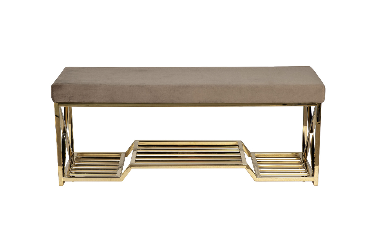 Банкетка велюровая серо-бежевая/золото 1