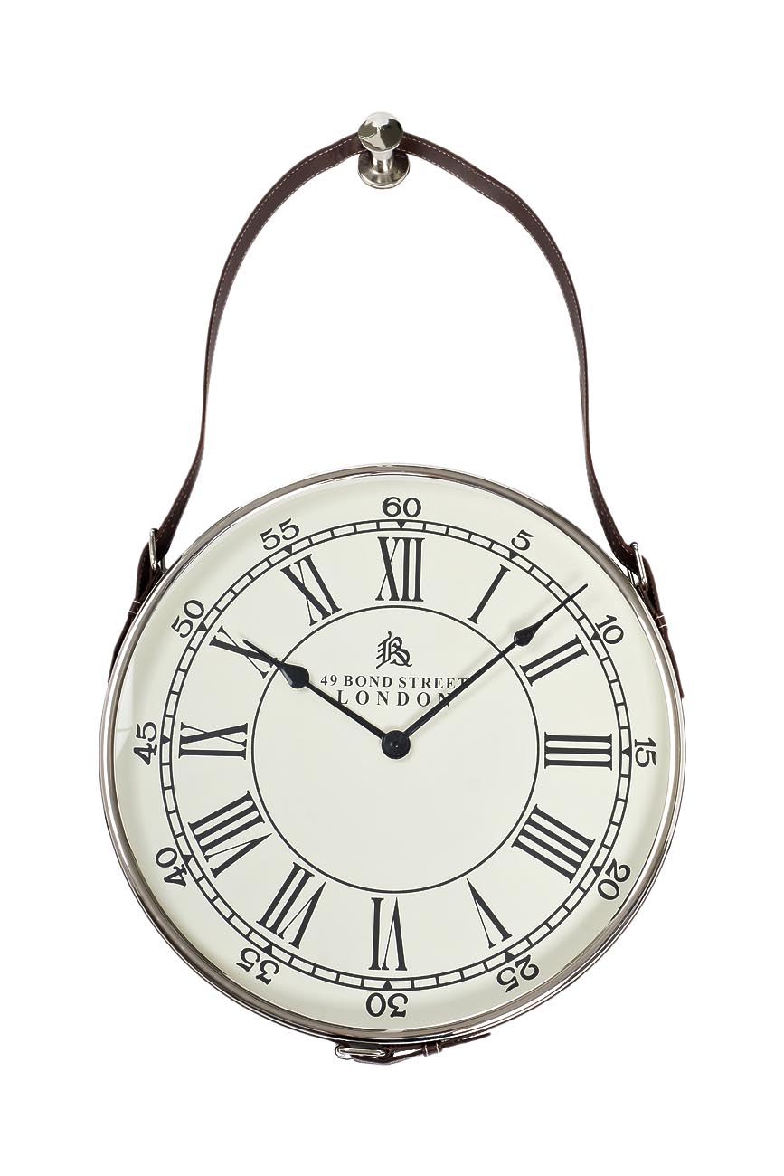 Часы настенные круглые на кожаном подвесе (хром) 1