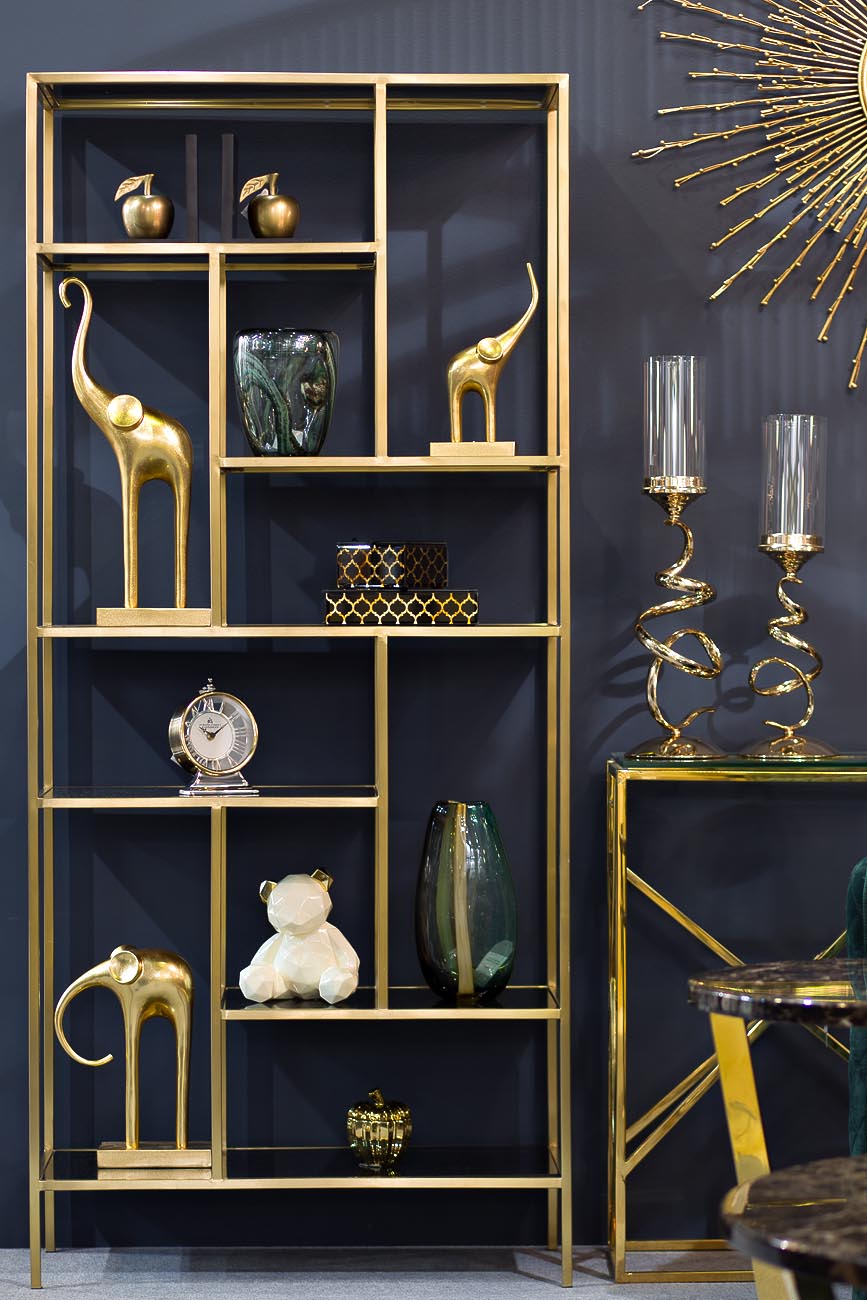 Стеллаж с черным стеклом (золотой) 6