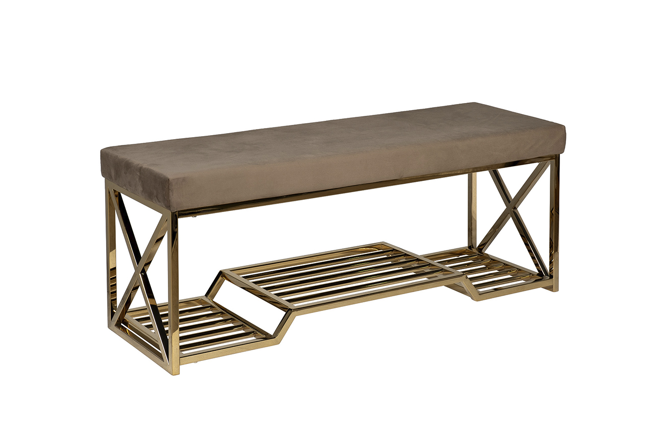 Банкетка велюровая серо-бежевая/золото 2