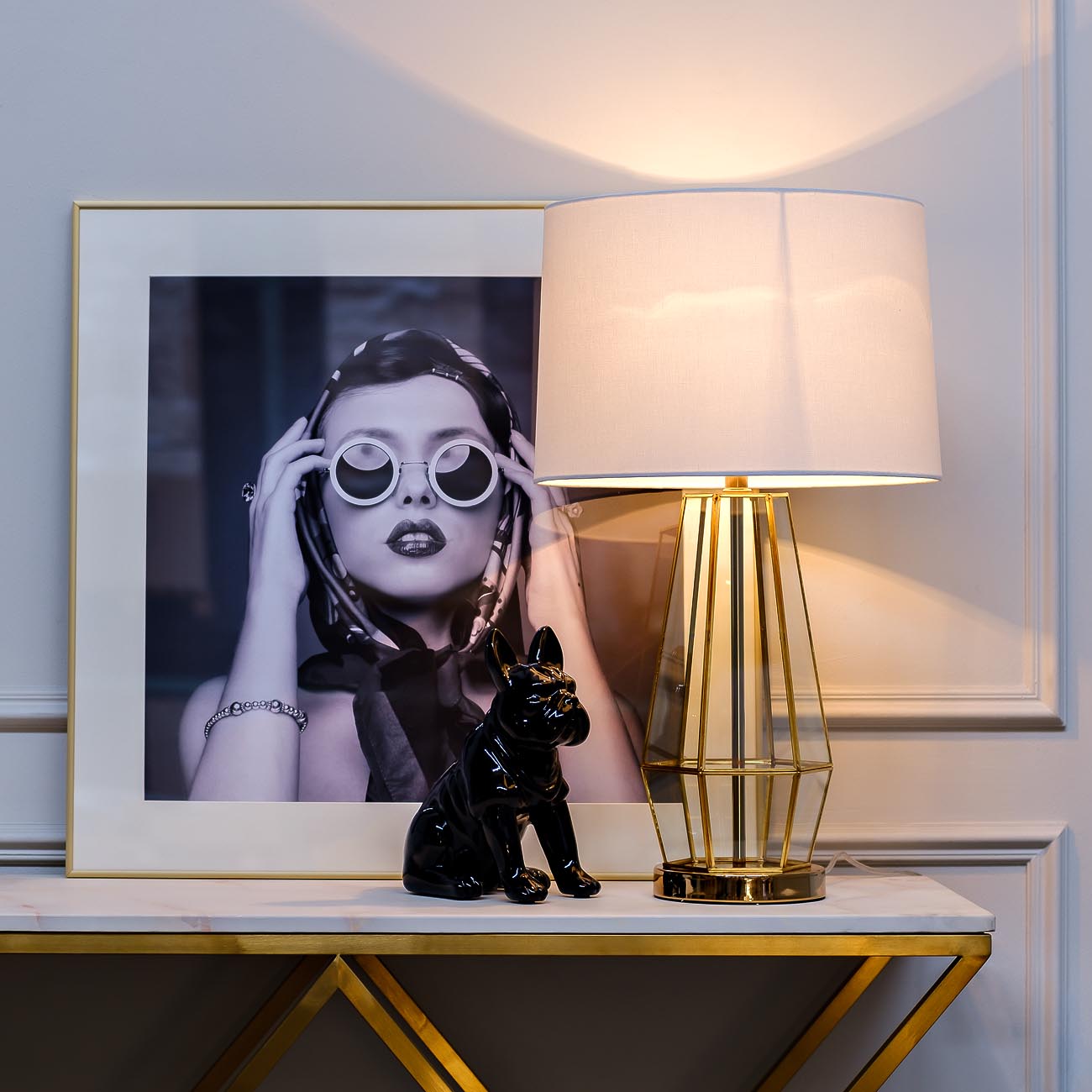 Лампа настольная прозрачное стекло/золото (белый абажур) 3