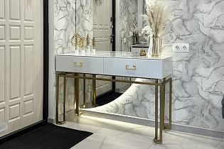 Консоль с ящиками белое стекло/матовое золото