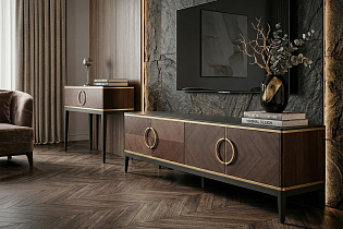 Тумба под телевизор с дверцами темный шпон